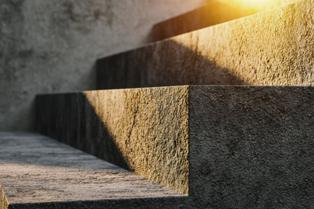 Warm morning sunlight illuminates rugged stone steps and textured walls, creating gentle shadows ideal for inspiring rustic and historical architectural designs.の写真素材