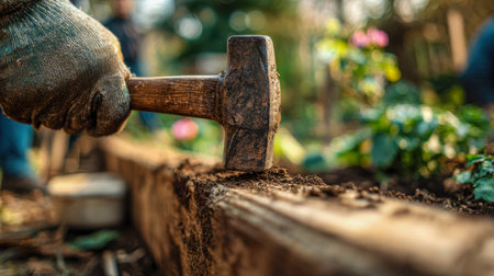 A gardener in protective gloves hammers together planks of a wooden frame amid vibrant blossoms and fertile earth, basking in warm sunlight on a lush outdoor porch.の写真素材