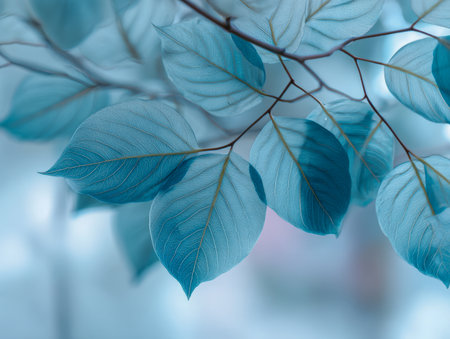 Fragile twigs adorned with glass-like azure foliage display detailed vein patterns, set against a gentle, blurred backdrop evoking serenity and dreamlike tranquilityの写真素材