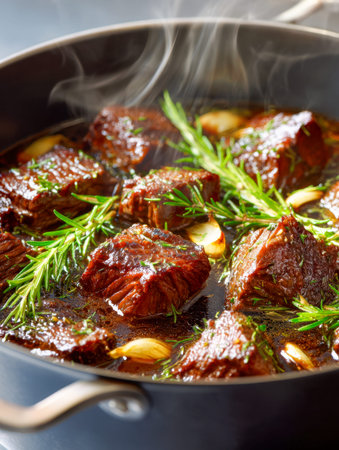 Juicy beef pieces gently braise in a rich, savory liquid infused with fragrant rosemary and garlic,...