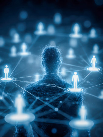 A sleek digital silhouette immersed in a luminous blue setting, encircled by shimmering network...