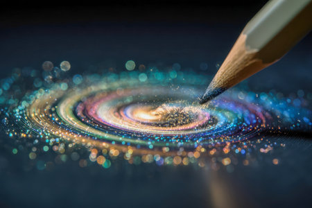 An artist sketches an energetic cosmos, with swirling shades and glowing accents, as luminous sparks and vibrant hues come alive on a dark, textured backdrop.の写真素材
