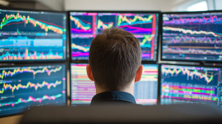 A professional male trader studies colorful, detailed graphs displayed across expansive screens in a...