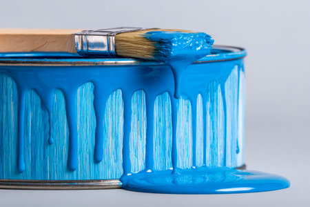 Vibrant blue paint cascades from an open metal container, with a brush perched atop, droplets streaming down and creating a colorful puddle on the surface below.の写真素材