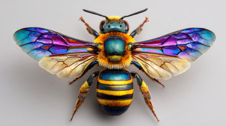 A captivating close-up reveals a lively insect with shimmering violet and azure wings and a bold striped yellow abdomen, highlighting fine surface details and vividの写真素材