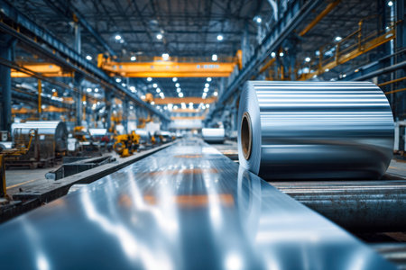 Inside a high-tech steel plant, massive metal rolls rest alongside sophisticated equipment, illuminated by intense overhead lighting, highlighting innovative manufacturinの写真素材