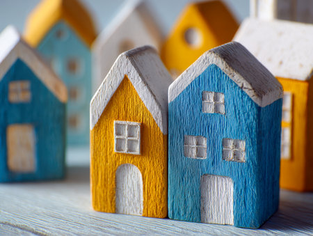 Vibrant miniature wooden cottages in vivid azure and sunlit yellow arrange closely against a softly blurred cityscape of tiny homes, set on a subtle light base.の写真素材