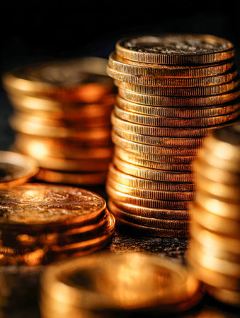 Gleaming gold coins form intricate stacks on a shadowy background, evoking themes of prosperity, investment success, and economic strength in a striking close-up.の写真素材