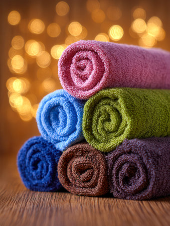 Vibrant towels rolled neatly on a rustic wood table, illuminated by soft, golden bokeh lights that evoke a warm, inviting atmosphere perfect for relaxation.の写真素材