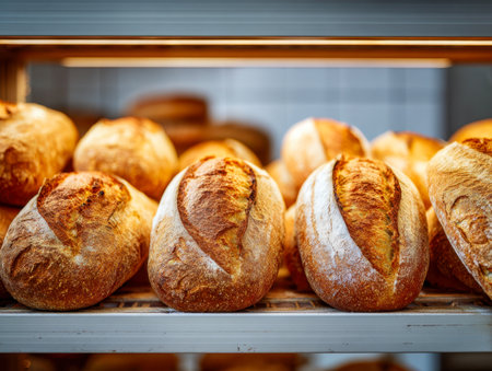 Warm, golden-brown loaves rest on metal racks, their hearty, textured crusts revealing handcrafted perfection in a welcoming bakery setting.の写真素材