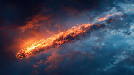 A blazing comet streaks across the shadowed heavens, illuminating turbulent clouds with its fiery glow and leaving a luminous trail in a breathtaking celestial displの写真素材