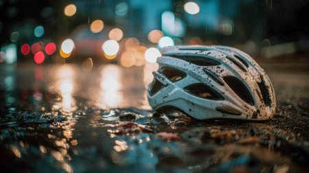 A muddy white helmet rests forgotten on a slick, rain-soaked pavement, illuminated by distant vehicle flashes amid a moody, glistening cityscape at night.の写真素材