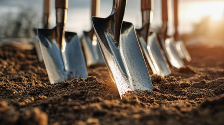 Gleaming metal hand tools gently rest in fertile earth, basking in golden sunshine that evokes tranquility and inspiration for outdoor cultivation.の写真素材