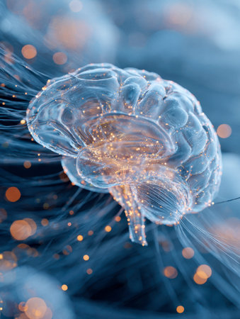 A sleek, semi-transparent digital brain radiates vibrant neon pathways and intricate fiber optic...
