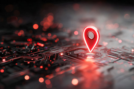 A vibrant red indicator illuminates a sleek, intricate circuit beneath a futuristic data grid, emphasizing cutting-edge navigation and next-generation connectivity in tecの写真素材