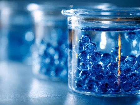 Elegant glass jars showcasing vibrant blue gel beads sit atop a mirror-like surface, their...