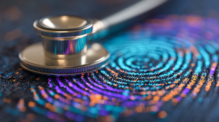 A vivid, multi-colored fingerprint featuring intricate digital patterns is topped with a clinical stethoscope, symbolizing the fusion of healthcare innovation and biometrの写真素材