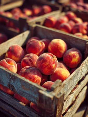 Sunlight highlights vibrant, sun-kissed peaches nestled in weathered wooden crates, capturing the lively spirit of a weekend market scene.の写真素材