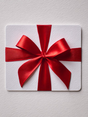 A pristine white card featuring a glossy red bow, set against a textured backdrop, embodying joy and special moments ideal for holiday or celebratory cards.の写真素材