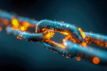 A sleek metallic chain segment illuminated by vibrant orange hues, embedded with detailed circuitry patterns, symbolizing advanced connectivity and technological proの写真素材