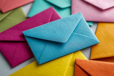 Brightly hued paper envelopes are playfully scattered across a neutral surface, highlighting their rich textures and lively palette of blue, pink, yellow, orange, green,の写真素材