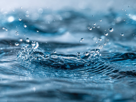 A vivid burst of water creates intricate ripples and splashes, with droplets frozen mid-air, showcasing luminous blue reflections and fine textures in stunning clariの写真素材
