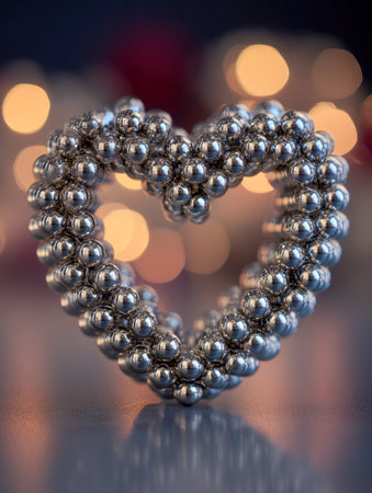 Reflective silver globes form a tender heart against a backdrop of gentle amber glow, evoking warmth and love in an elegant, captivating display.の写真素材