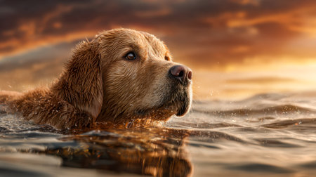 A joyful retriever glides smoothly through serene waters as the setting sun casts fiery hues, droplets sparkling on its slick coat and eyes fixed on the horizon.の写真素材