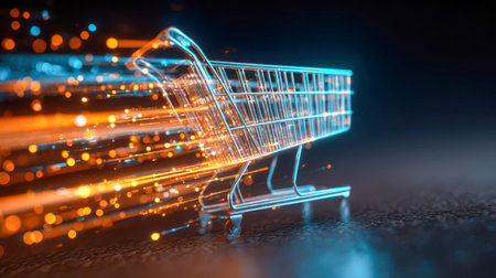A sleek, high-tech shopping cart illuminated by vibrant neon lights, streaking with luminous trails that evoke rapid digital shopping and retail evolution against aの写真素材