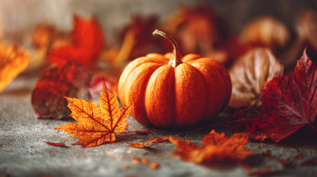 A cheerful, bright pumpkin rests amid an array of vivid autumn leaves, all set on a textured wooden base evoking warmth and seasonal cheer.の写真素材