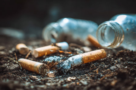 Pieces of cigarette remnants and empty glass containers scattered across bare earth, emphasizing the impact of neglectful waste habits on natural surroundings.の写真素材