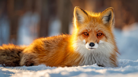 A striking crimson fox dreams softly amidst snow-covered woods, bathed in gentle golden hues that highlight its serene expression and lush fur.の写真素材