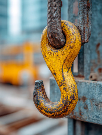 A weathered, ochre-colored metal hook, steadfastly connected to aged steel links, resting amidst an...