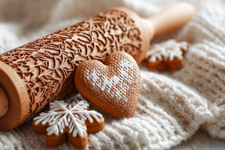 A beautifully carved wooden rolling pin with delicate patterns rests besides charming cookies adorned with heart and snowflake motifs, all set on cozy cream-colored kの写真素材