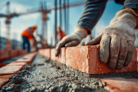 A focused worker expertly stacks bricks with mortar and protective gloves, amid a bustling construction scene under bright sunlight, as colleagues collaborate nearby.の写真素材