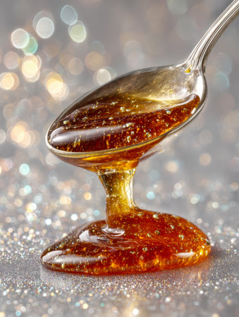 A rich, amber glaze cascades gently from a polished silver spoon, pooling onto a luminous surface amid a soft, glowing backdrop that evokes cozy warmth.の写真素材