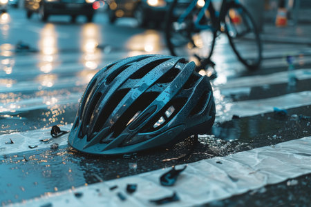 Close up of bicycle helmet and bike on urban street following automobile collision accidentの写真素材
