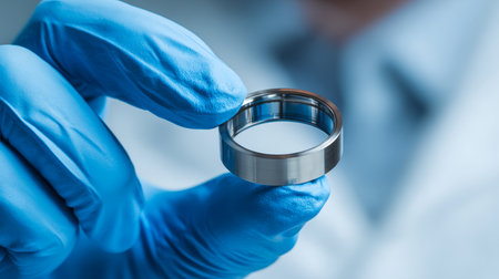 A protected hand carefully grips a finely crafted metal component, highlighting its precise engineering amid a sterile, high-tech production setting.の写真素材