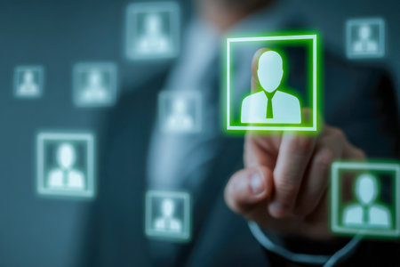 A professional interacts with a virtual interface, choosing a user profile icon to streamline hiring and team coordination within a modern, tech-focused office settiの写真素材