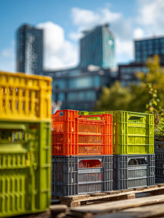 Vibrant plastic containers are neatly arranged on sturdy wooden pallets, set against a backdrop of sleek modern structures and a clear blue sky in an bustling cityscape.の写真素材