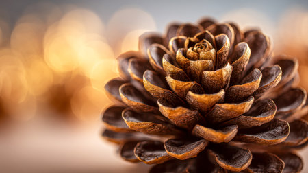 An intricate close-up of a weathered pine cone nestled against a glowing golden backdrop, evoking warmth and rustic charm ideal for autumn-themed decorations.の写真素材