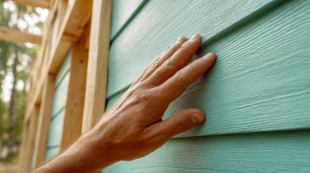 A hand gently explores the rough, vibrant blue wooden facade, illuminated by warm sunlight and framed by leafy trees, evoking a cozy, rustic atmosphere.の写真素材