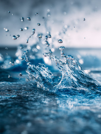 A vibrant cascade of transparent water droplets mid-surge, set against a gentle blue-gray backdrop, with a mirrored surface enhancing the sense of motion and clarityの写真素材