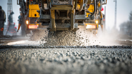 A heavy-duty machine disperses coarse gravel across a sunlit outdoor site, shaping a new roadway...