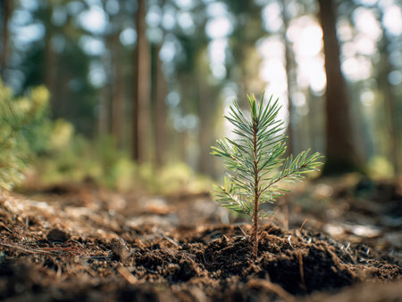 A tiny evergreen sprout emerges from lush, fertile earth, bathed in gentle morning glow, while towering trunks fade softly into the distance.の写真素材