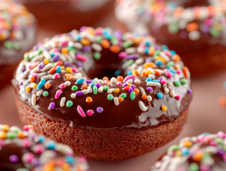 A tempting, glazed treat adorned with lively, colorful confetti-like toppings, resting in a cozy bakery's warm ambiance with a softly blurred background.の写真素材
