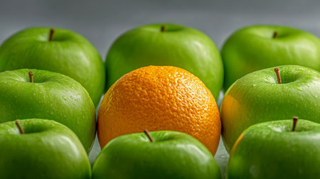 A bright, juicy orange accentuates boldness amid sleek, reflective green apples, illustrating the power of individuality against uniformity on a neutral gray backdroの写真素材