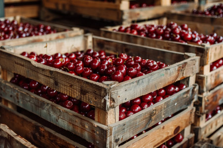 Ripe cherries in wooden crates cozy warehouse setting for rustic food advertisementの写真素材