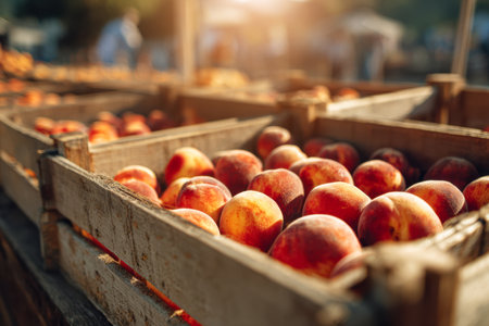 Sunlit peaches spill over weathered crates, their golden hues enriched by autumn's glow, creating a cozy, inviting harvest scene at a rustic outdoor stand.の写真素材