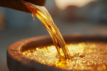 Sunlit rays highlight the rich, amber hue of the pouring nectar as it cascades smoothly into a weathered vessel, evoking warmth and rustic charm.の写真素材
